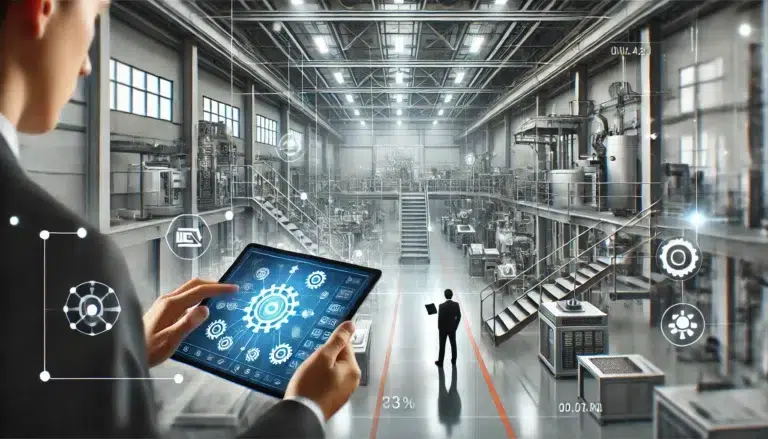 Mensch mit einem Tablet in der Hand in einer Industriehalle mit Human Centric Lighting in der Industrie
