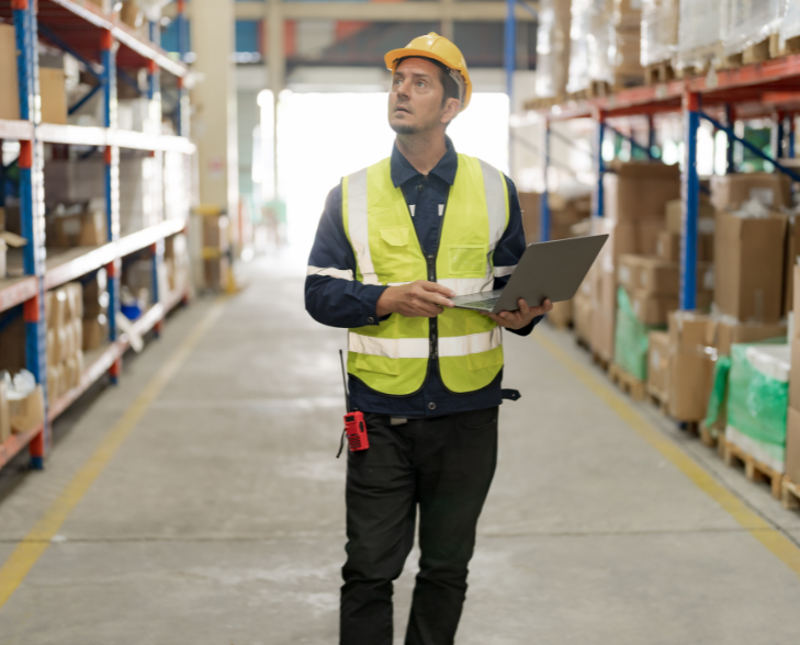 Mitarbeiter in Arbeitskleidung und Laptop geht durch die Industriehalle