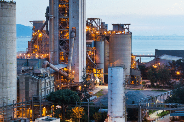 Industriewerk in der Dämmerung mit Licht am Meer