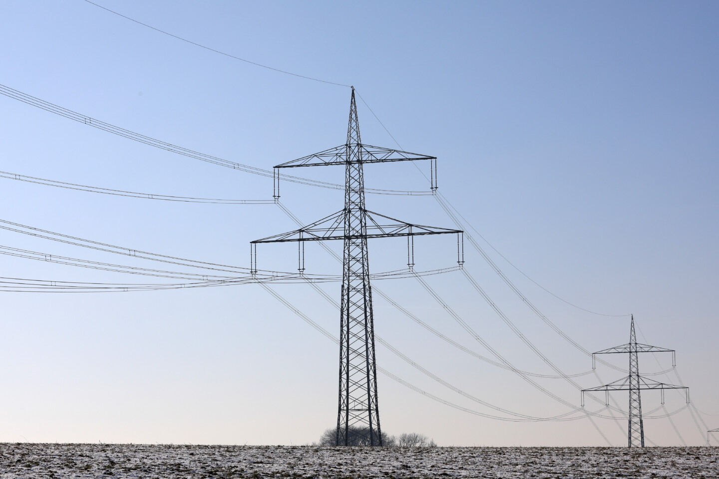 Electricity pylons in the rural countryside of southern Germany, Bavaria, Augsburg