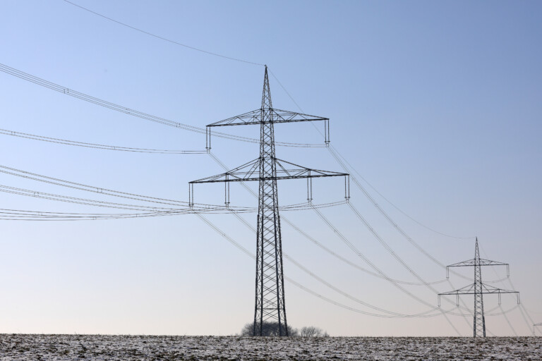 Electricity pylons in the rural countryside of southern Germany, Bavaria, Augsburg