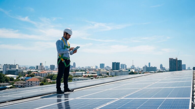 Energiemanager mit Helm und Tablet und Sicherheitsgurt steht auf dem Dach vor den Solar Panels und prüft die Anlage. im Hintergrund sieht man die Skyline einer Stadt