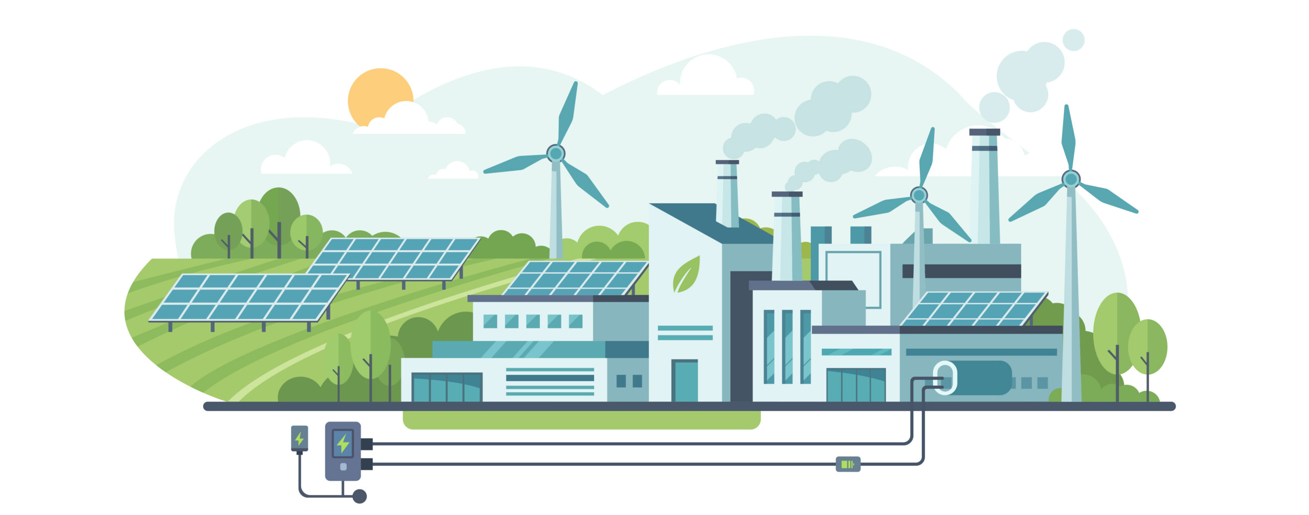 Illustration einer nachhaltigen Industrie- und Logistikanlage mit Photovoltaik, Windkraft, Ladeinfrastruktur und grüner Energieversorgung