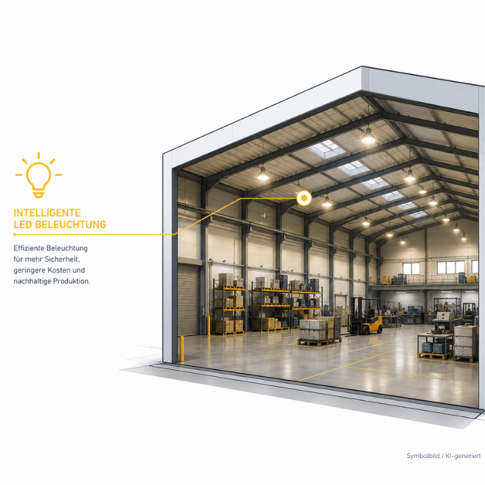 KI-generierte Illustration einer Industriehalle mit LED-Hallenbeleuchtung von eneo Elements