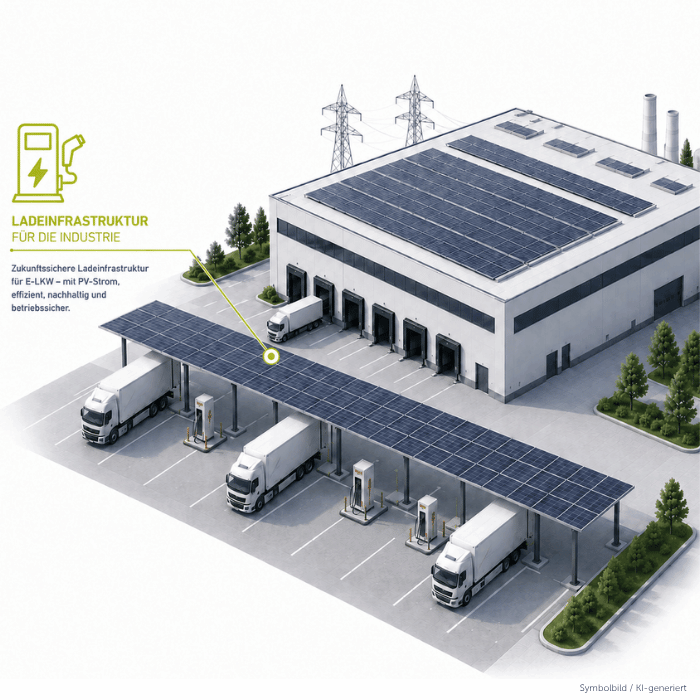 KI-generierte Illustration einer Industriehalle mit Fokus auf Ladeinfrastruktur für die Startseite und Landingpage Industrie Ladeinfrastruktur von eneo Elements in der Farbe grün
