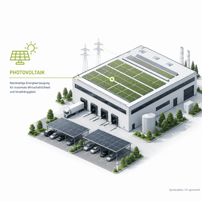 KI-generierte Illustration einer Industriehalle mit Solaranlage auf dem Dach, Photovoltaik für die Industrie von eneo Elements